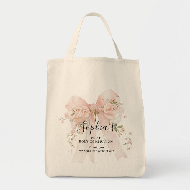 Bolsa Tote Presente da Madrinha Primeira Comunhão Laço Rosa R (Frente)