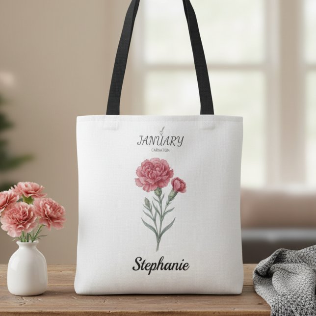 Bolsa Tote Presente de Aniversário de Janeiro Cravo Arte da F (January birth month flower carnation birthday tote bag)