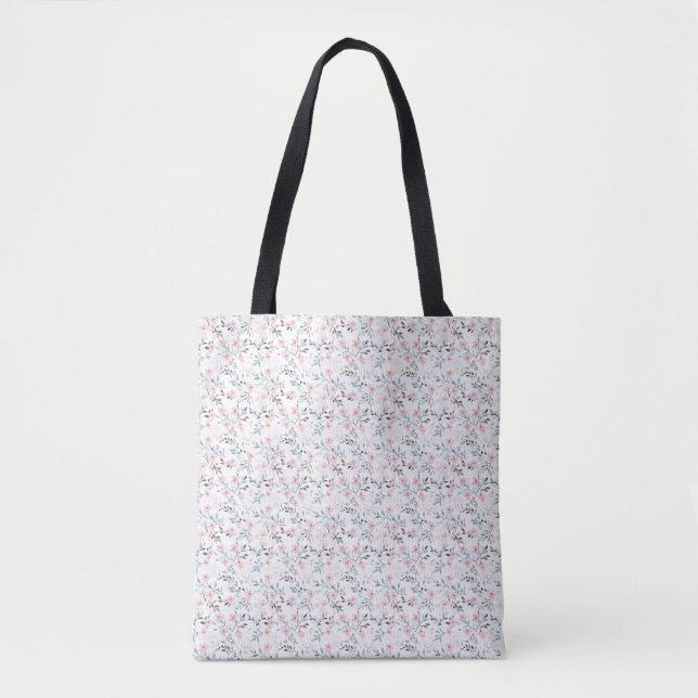 Bolsa Tote Presente de Aniversário | Flores Rosa, Azul e Cinz (Frente)
