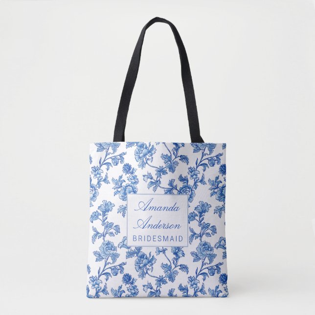Bolsa Tote Presente de Bridesmaid da Chinoiserie Azul e Branc (Frente)