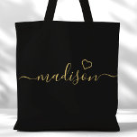 Bolsa Tote Presente de Bridesmaid de Script de Assinatura Pre<br><div class="desc">Script De Assinatura Preto E Dourado Bridesmaid Gift Tote Bag. Personalize este design personalizado com seu próprio nome e cores personalizadas.</div>