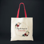 Bolsa Tote Presente de Bridesmaid Floral de Brurgundy Red Wat<br><div class="desc">Marinho Vermelho Brilhante, Romântico, Vermelho, Russo Geométrico Boho Casamento / chá de panela de presente de dama de dama de dama. Perfeito para um casamento de outono/verão. O design apresenta um buquê impressionante de burgundy / Marsala, pêssego, flores marinhos com folhas correspondentes. Por favor, encontre mais designs e variações na...</div>