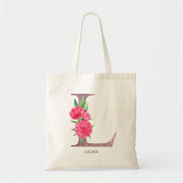 Bolsa Tote Presente de Dama de Honra com Inicial de Rosa Eleg (Frente)