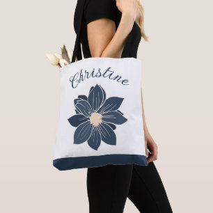 Bolsa Tote Presente de Dama de Honra Flor Azul Marinho Monogr