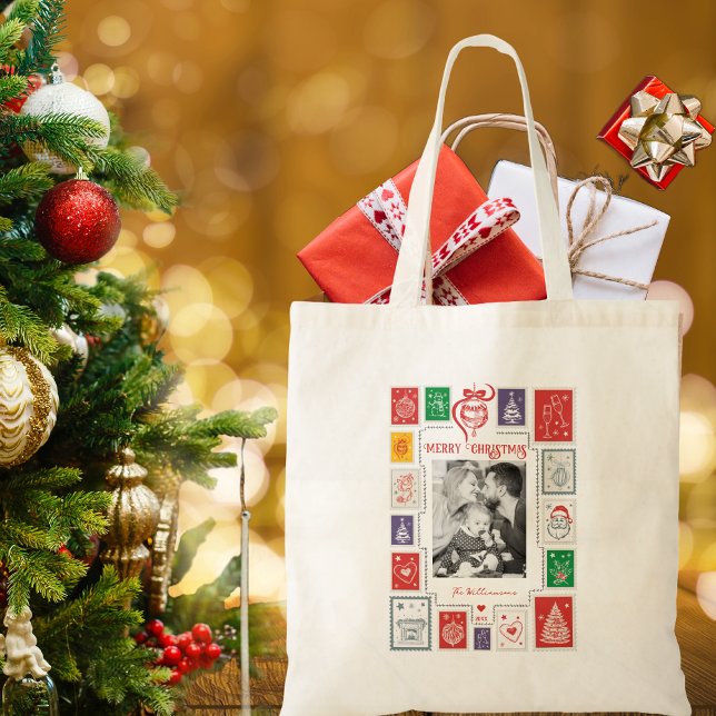 Bolsa Tote Presente de Foto de Natal do Carimbo Retro Whimsic (Whimsical Retro Stamp Christmas Photo Holiday Season Stocking Stuffer Gift Tote Bag)