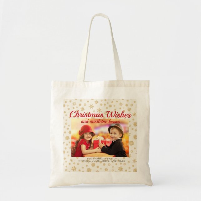 Bolsa Tote Presente de Foto Dourado Cream Christmas Snowflake (Frente)