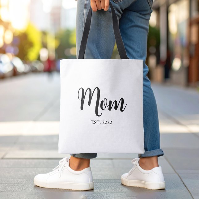 Bolsa Tote Presente de Mãe Recém-Constituída (Elegant Mom established black script tote bag gift)