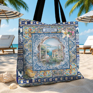 Bolsa Tote Presente de Monograma de Floral de Cítricos Azul d