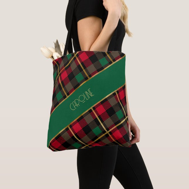Bolsa Tote Presente de Natal com padrão xadrez vermelho Boho  (Close Up)