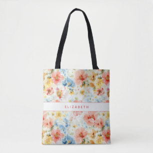 Bolsa Tote Presente de Nome Floral Aquarela Cottagecore Flor 