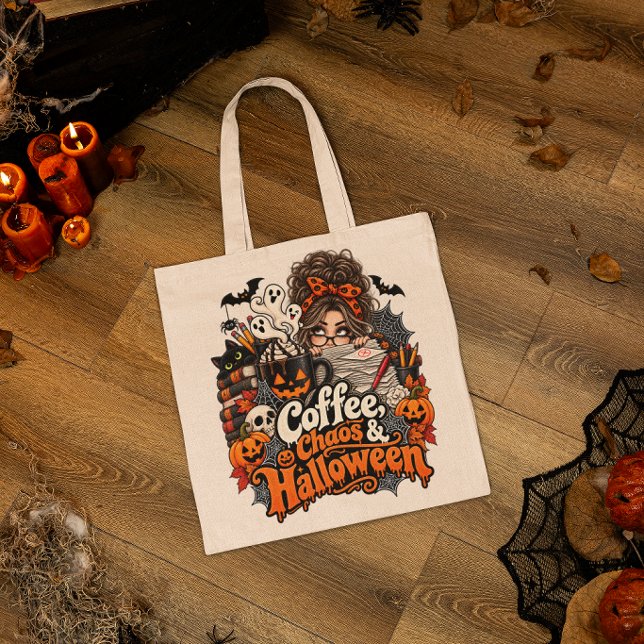 Bolsa Tote Presente de professor de Halloween Café Caos Profe (Coffee Chaos Halloween Teacher tote bag, Funny Halloween Teacher Gift, Coffee Lover Teacher Tote bag)