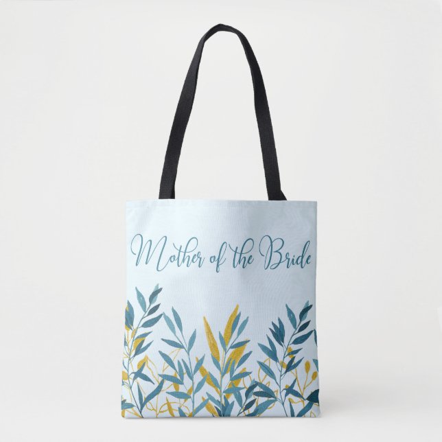 Bolsa Tote Presente Dourada Folha Azul Mãe de Casamento Noiva (Frente)