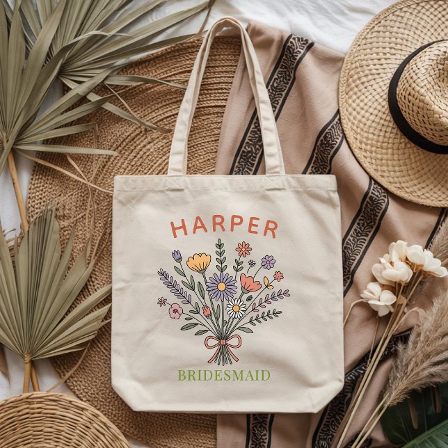 Bolsa Tote Presente Floral Boho Personalizado (Custom Boho Floral Tote Bag Gift for Bridesmaid, Custom Bridesmaid Tote Bag Gift for Bridal Party)