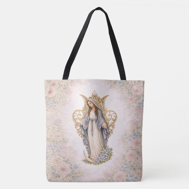 Bolsa Tote Presente Floral Católico da Virgem Maria para Mulh (Frente)