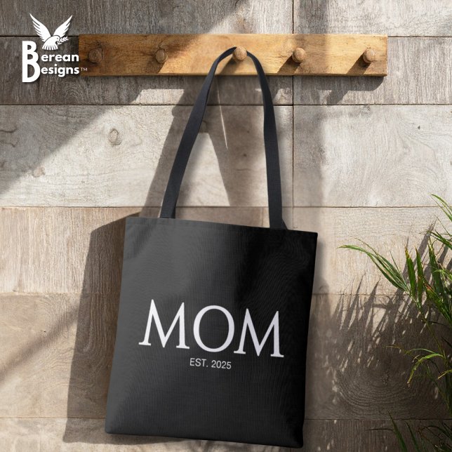 Bolsa Tote Presente para Mãe Recém-Criada (MOM ESTABLISHED Black Tote Bag with customizable year. Ideal gift for Mother's Day and mom groups.)