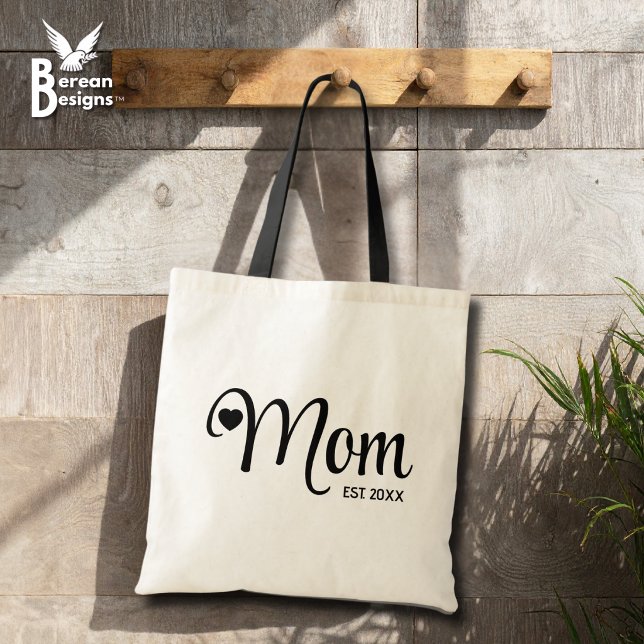 Bolsa Tote Presente para Mães com o Rótulo Mãe Fundou um Scri (MOM ESTABLISHED Script Budget Tote Bag with customizable text. Ideal Mother's Day gift for her.)