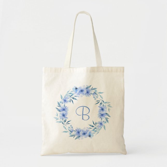 Bolsa Tote Presente personalizado de coroa floral azul suave (Frente)