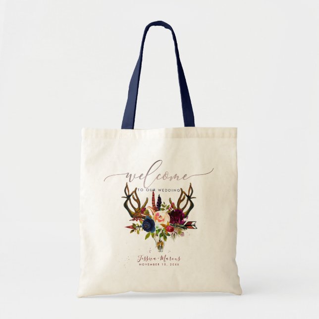 Bolsa Tote Presentes Boho Antlers+Crânio Flores Borgonha Bem- (Frente)
