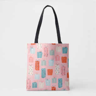Bolsa Tote Presentes de Natal coloridos num fundo cor-de-rosa