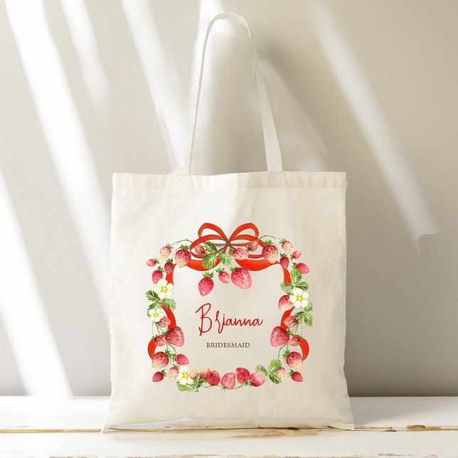 Bolsa Tote Presentes personalizados de fita de morango para d (Strawberry ribbon coquette bow personalized bridesmaid gifts monogrammed tote bag)