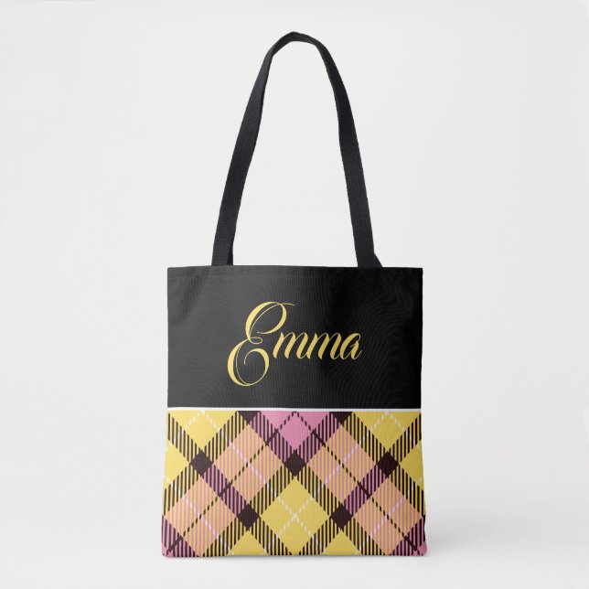 Bolsa Tote Preto Amarelo Rosa Xadrez Tartã Nome Personalizado (Frente)