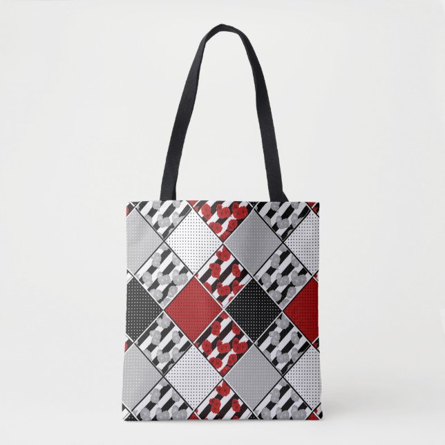 Bolsa Tote Preto branco com retro em forma vermelha (Frente)