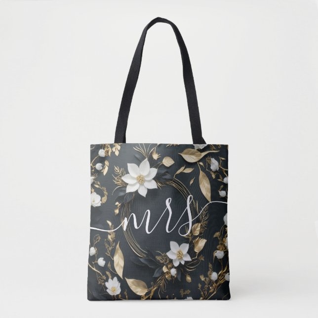 Bolsa Tote Preto Branco e Dourada Floral Wreath Noiva Sra. (Frente)