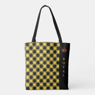 Bolsa Tote Preto chique, xadrez amarelo e caligrafia