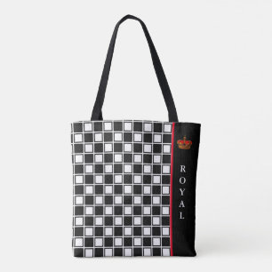 Bolsa Tote Preto chique, xadrez branco e caligrafia