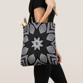 Bolsa Tote Preto, Cinza e Flor Branca