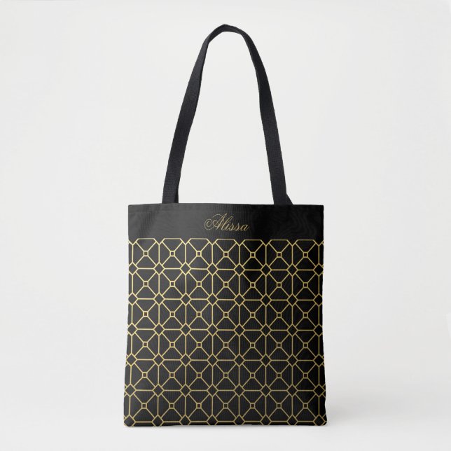 Bolsa Tote Preto Clássico e Padrão Dourado Personalizado (Frente)