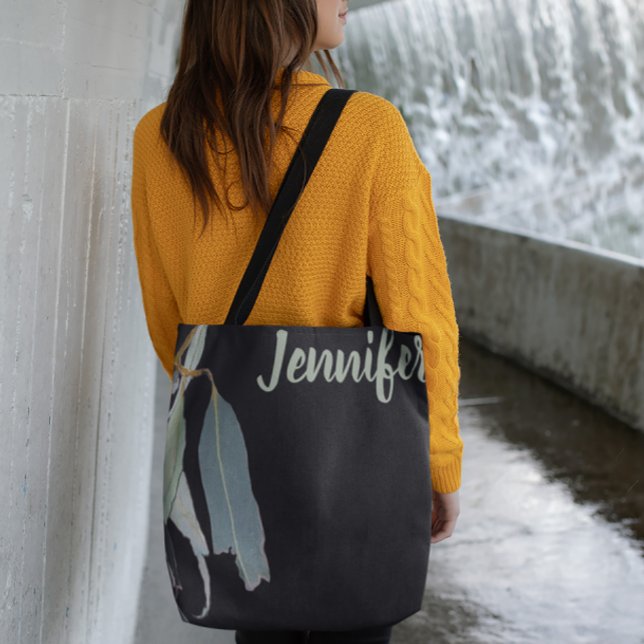 Bolsa Tote Preto com Folhas de Aquarela Nomeadas  (Criador carregado)
