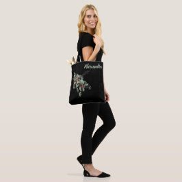 Bolsa Tote Preto com Folhas e Bagas em Aquarela Nomeadas 