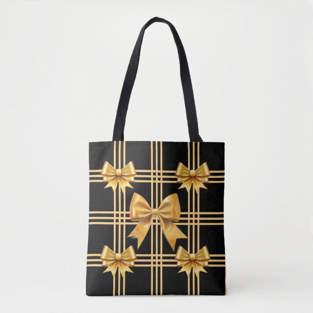 Bolsa Tote Preto Com Laço Coquette Dourado Xadrez (Frente)
