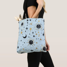 Bolsa Tote Preto, Dourado e Azul Sol Lua Estrelas Celestiais