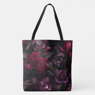 Bolsa Tote Preto e Borgonha Floral Escuro