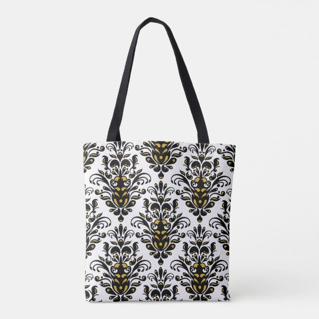 Bolsa Tote Preto e branco elegante com toque em damasco doura (Verso)