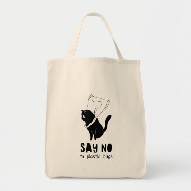 Bolsa Tote Preto e Branco Engraçado "Diga Não ao Plástico" (Frente)