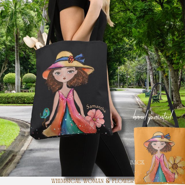 Bolsa Tote Preto e Laranja - Garota Originalmente Excêntrica (Black and Orange - Original Whimsy Girl Tote Bag)