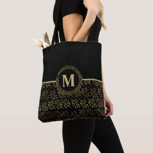 Bolsa Tote Preto elegante Dourado do teste padrão da folha d