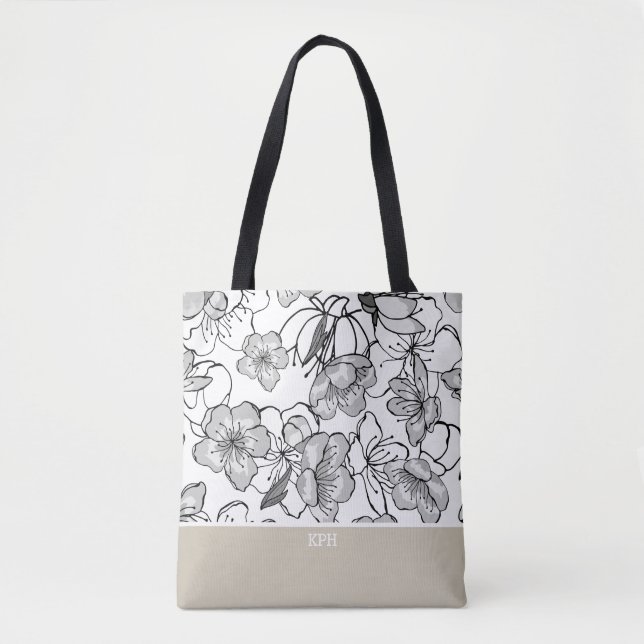 Bolsa Tote Preto Floral, Branco e Tom com Monograma (Frente)