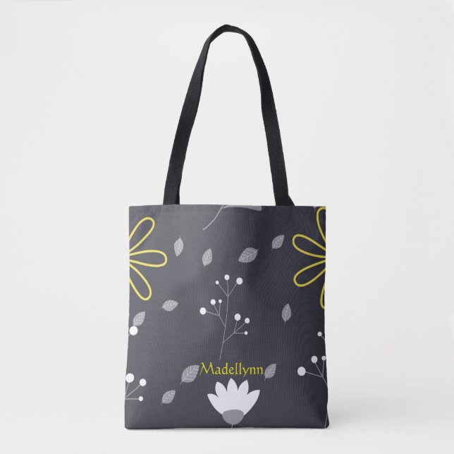 Bolsa Tote Preto Floral Moderno Personalizado e Amarelo (Frente)