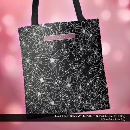 Bolsa Tote Preto Floral Negro Preto Escuro e Nome Rosa