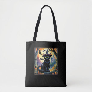 Bolsa Tote Preto Gato de Bruxa de Chapéu Inteiro de Halloween
