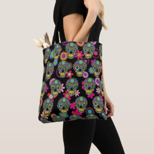 Bolsa Tote Preto louco do crânio e das flores do açúcar