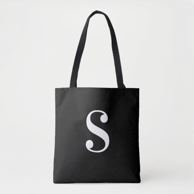 Bolsa Tote Preto mínimo com monograma branco grande (Frente)