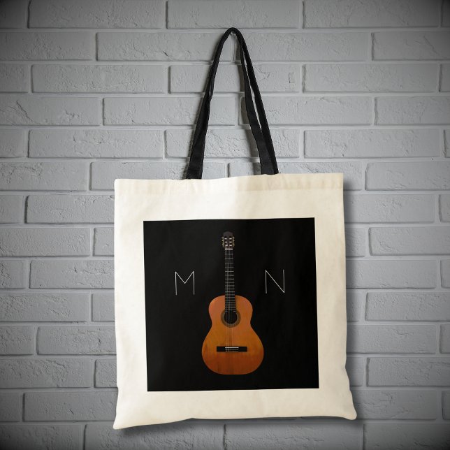 Bolsa Tote Preto Monograma de Violão Musical (Criador carregado)