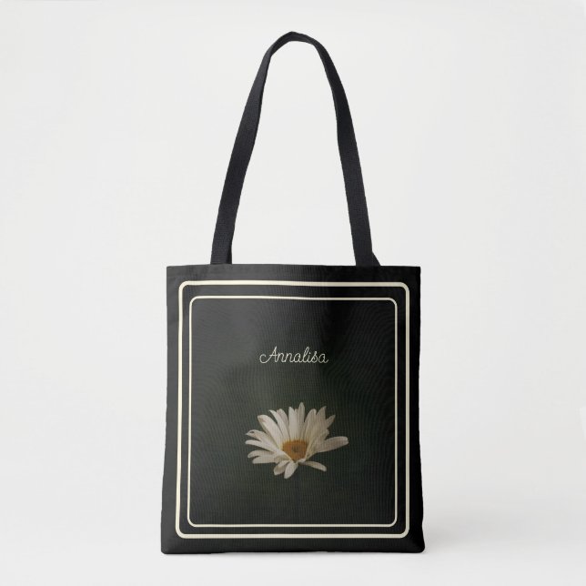 Bolsa Tote Preto Personalizado da Flor de Margarida Casual (Frente)