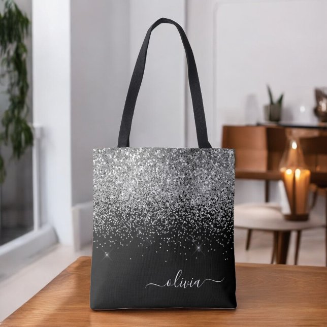 Bolsa Tote Preto Prateado Menina Brilho Lantejoulas Monograma (Criador carregado)