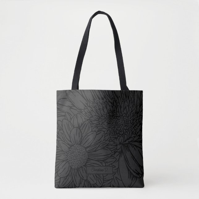 Bolsa Tote Preto sobre Cinza com Nome e Crisântemos (Frente)